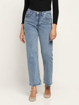 Beatnik - Solid Denim Straight Fit Button and Zip Light Blue Jeans