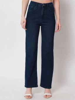 Beatnik - Solid Denim Straight Fit Button and Zip Dark Blue Jeans