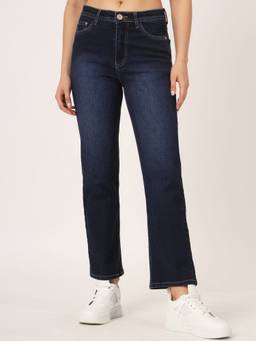 Beatnik - Solid Denim Straight Fit Button and Zip Dark Blue Jeans