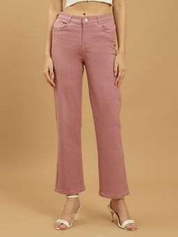 Beatnik - Solid Denim Straight Fit Button and Zip Pink Jeans