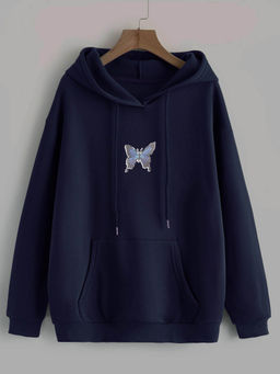 KOTTY - Women Navy Blue Full Sleeve Hooded Solid Hoodie