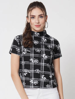 KOTTY - Womens Casual Regular Sleeves Floral Print Black Top