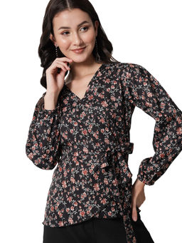 KOTTY - Womens Casual Balloon Sleeve Floral Print Black Top