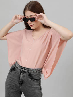 KOTTY - Womens Casual Kimono Sleeves Solid Peach Top