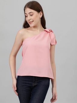 KOTTY - Womens Casual One Shoulder Sleeves Solid Pink Top