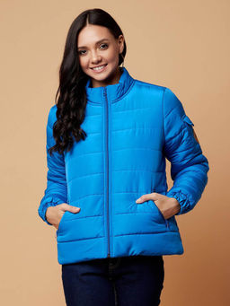 KOTTY - Blue Solid Nylon Women Winter Padded Jacket