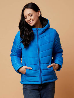 KOTTY - Blue Solid Nylon Women Winter Padded Jacket