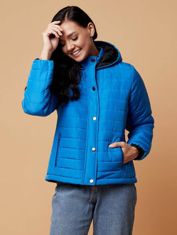 KOTTY - Blue Solid Nylon Women Winter Padded Jacket