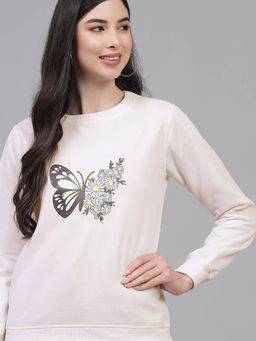 KOTTY - Women White Full Sleeve Round Neck Sweatshirt
