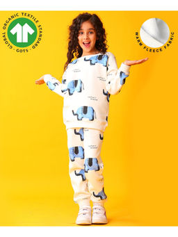 ANTHRILO - Elephant Safari Girls Fleece Sweatshirt Jogger Set - White