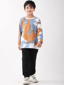 ANTHRILO - Blue Brown Tie Dye Long Sleeve T-Shirt Fleece Jogger Set - Blue/Black