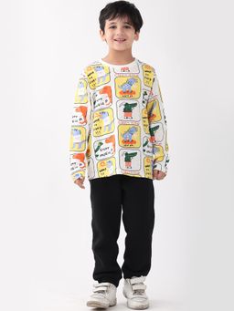 ANTHRILO - Dinosaur Stamp Long Sleeve T-Shirt Fleece Jogger Set - White/Black