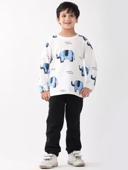 ANTHRILO - Elephant Safari Long Sleeve T-Shirt Fleece Jogger Set - White/Black