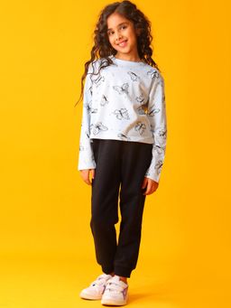 ANTHRILO - Blue Butterfly Long Sleeve Grills T-Shirt Fleece Jogger Set - Blue/Black