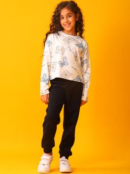 ANTHRILO - Bow Key Cat Long Sleeve Grills T-Shirt Fleece Jogger Set - White/Black