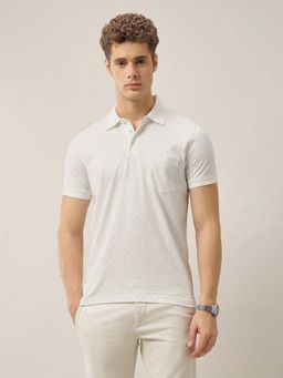 Arrow - Mens Geometric Printed Pure Cotton Polo T-Shirt - Off White