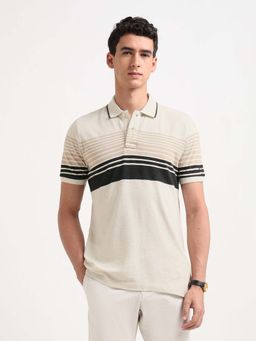 Arrow Sports - Mens Horizontal Striped Pure Cotton Polo T-Shirt - Beige