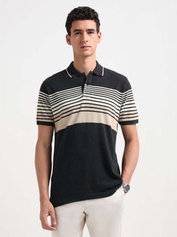 Arrow Sports - Mens Horizontal Striped Pure Cotton Polo T-Shirt - Black
