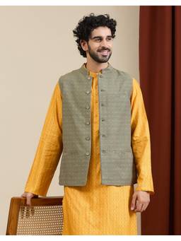 Fabindia - Green Cotton Dobby Nehru Jacket