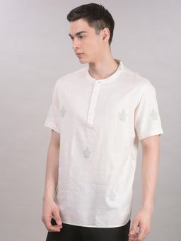 CRIMSOUNE CLUB - Men's Cream Floral Print Pure Cotton Kurta