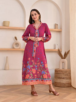 Rustorange - Wine Floral Print Tie Up Neck Dress