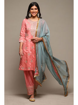Biba - Womens Pink Embroidered Viscose Chanderi Straight Suit (Set of 3)