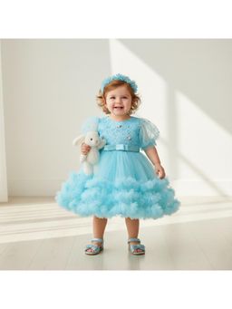 Many Frocks - Blue Puff Sleeve Bead Work Embellished Party Dress