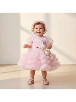 Many Frocks - Pink Puff Sleeve Bead Work Embellished Party Dress