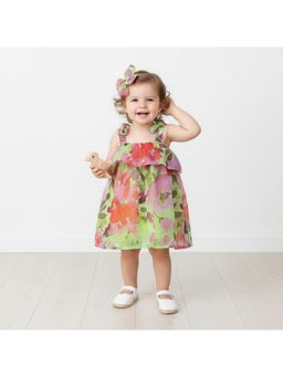 Many Frocks - Green GeorgetteSleeveless Tie Up Floral Printed Knee Length Dress