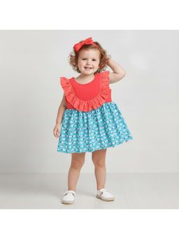 Many Frocks - Pink Cotton Sleeveless Frilled Bear Printed Knee Length Dress