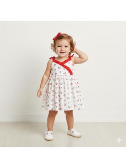 Many Frocks - White Cotton Sleeveless Tie Up Cherry Printed Knee Length Dress