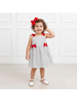 Many Frocks - White Cotton Sleeveless Stripes Printed with Bow Knee Length Dress