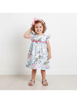 Many Frocks - White Cotton Flutter Sleeves Floral Printed Knee Length Dress