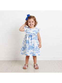Many Frocks - Cotton Frilly Sleeves Blue Nature Printed Knee Length Dress