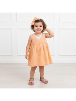 Many Frocks - Peach Cotton Sleeveless Polka Dot Printed Knee Length Dress