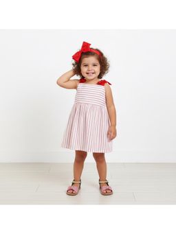 Many Frocks - White Cotton Sleeveless Stripes Knee Length Dress