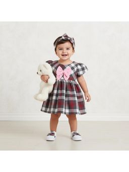 Many Frocks - Maroon Cotton Cap Sleeves Checks Bow Embellished Knee Length Dress