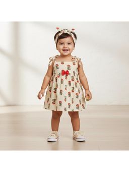 Many Frocks - Cream Cotton Sleeveless Foral Printed Knee Length Baby Dress