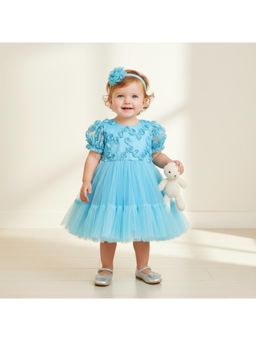 Many Frocks - Blue Net Short Sleeve Tulle Rose Flared Elegant Knee Length Party Dress