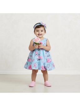 Many Frocks - Blue Sleeveless Tiered Floral Baby Casual Knee Length Dress