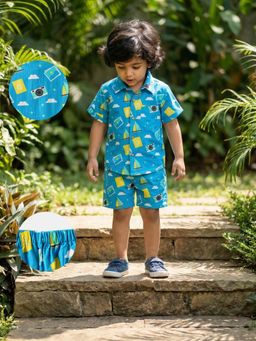 Desi Soota - Boys Blue Cotton Camera Travel Co-Ord Set