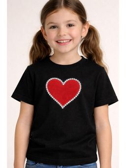 ZIP ZAP ZOOP - Girls Red Heart Hand Embroidery Black Cotton T-Shirt