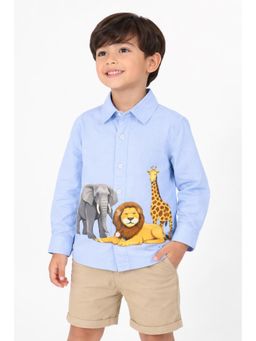 ZIP ZAP ZOOP - Boys Elephant, Lion and Giraffe Safari Print Light Blue Cotton Shirt