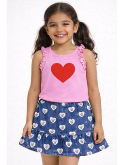 ZIP ZAP ZOOP - Girls Pink Heart Top with Denim LOVE Print Skirt