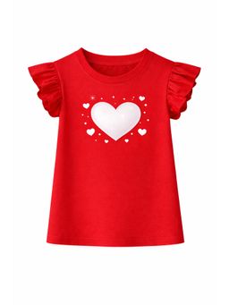 ZIP ZAP ZOOP - Girls White Heart Print and Frill Sleeves Red Cotton Top