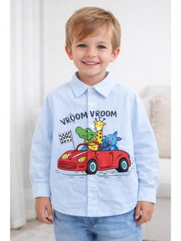 ZIP ZAP ZOOP - Boys Animal Car “Vroom Vroom” Print Light Blue Cotton Shirt
