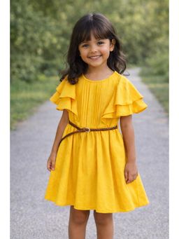 ZIP ZAP ZOOP - Girls Premium Yellow Stylish Flutter Sleeves and Belt Dress