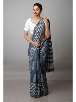 Unnati Silks - Slate Grey Pure Block Printed Chanderi Sico Saree with Unstitched Blouse