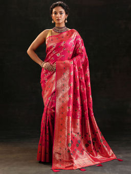 Libas - Pink Woven Saree with Unstitched Blouse