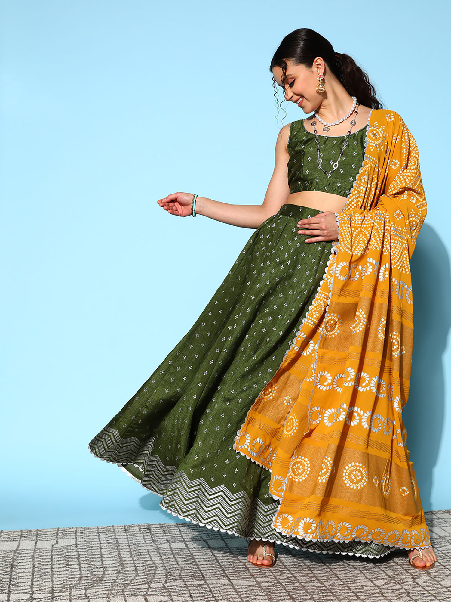 Green Printed Regular Blouse with Lehenga and Dupatta-image-8